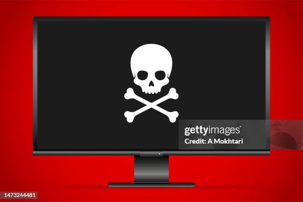 schädel auf dem bildschirm, hacker, virus, gefahr.... - pirate flag stock-grafiken, -clipart, -cartoons und -symbole