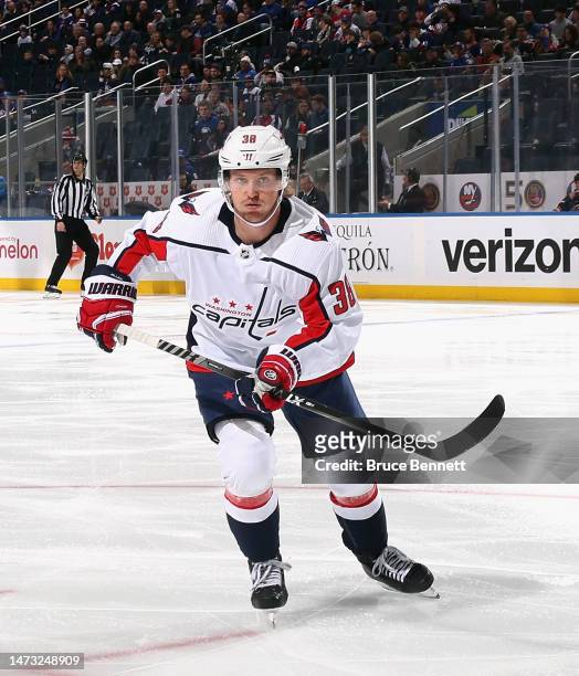 Rasmus Sandin of the Washington Capitals skates against the New York Islanders at the UBS Arena on March 11, 2023 in Elmont, New York.