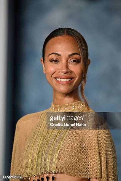 Zoe Saldana attends the 2023 Vanity Fair Oscar Party Hosted By Radhika Jones at Wallis Annenberg Center for the Performing Arts on March 12, 2023 in...