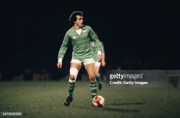St Etienne player Michel Platini in action during a UEFA Cup Quarter Final 2nd leg match against Ipswich Town at Portman Road on March 18th, 1981 in...