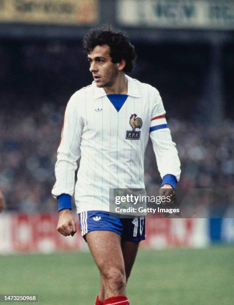 France captain Michel Platini in the adidas white away kit looks on during a World Cup qualifier against Eire at Landsdowne Road on October 14th,...
