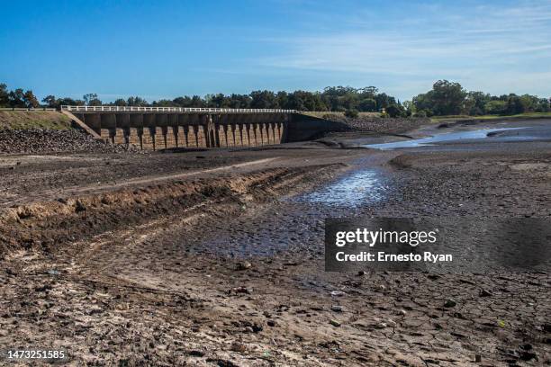 View of the dam at Canelón Grande reservoir as drought conditions continue on March 13, 2023 in Canelones, Uruguay. Three consecutive years of La...