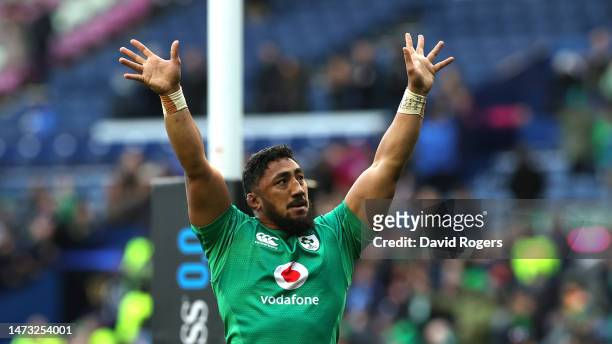 Bundee Aki of Ireland celebrates after their victory during the Six Nations Rugby match between Scotland and Ireland at Murrayfield Stadium on March...