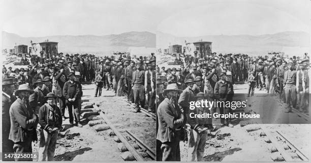 Stereoscopic image showing the Golden Spike ceremony on completion of the first transcontinental railroad, as trains of the Central Pacific and Union...