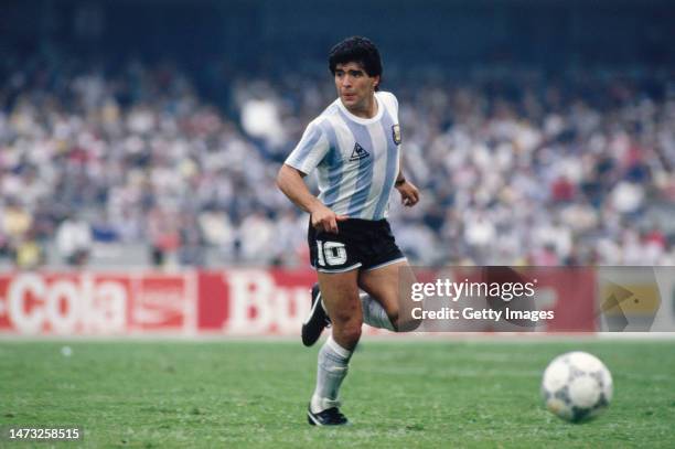 Argentina player Diego Maradona in action during the FIFA 1986 World Cup match against Bulgaria on June 10th, 1986 in Mexico City, Mexico.