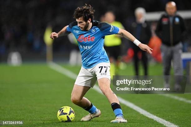 Khvicha Kvaratskhelia of SSC Napoli during the Serie A match between SSC Napoli and Atalanta BC at Stadio Diego Armando Maradona on March 11, 2023 in...