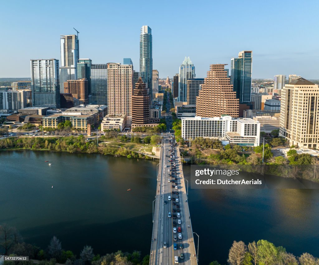 Austin Us Aerial View Of Downtown Austin Texas Over Congress Bridge High-Res ...