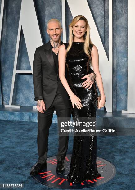 Adam Levine and Behati Prinsloo attend the 2023 Vanity Fair Oscar Party hosted by Radhika Jones at Wallis Annenberg Center for the Performing Arts on...