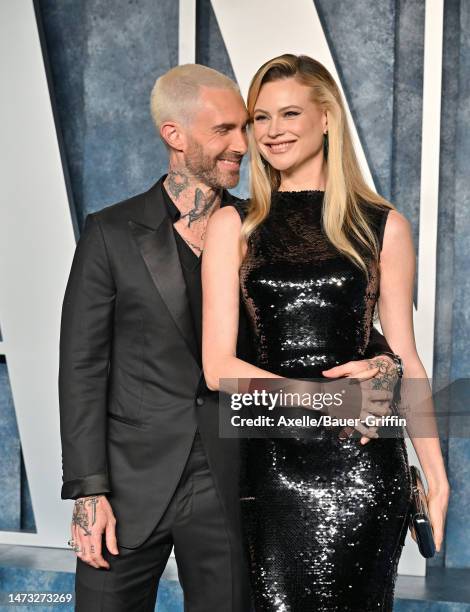 Adam Levine and Behati Prinsloo attend the 2023 Vanity Fair Oscar Party hosted by Radhika Jones at Wallis Annenberg Center for the Performing Arts on...