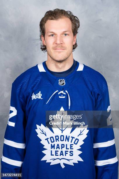 Jake McCabe of the Toronto Maple Leafs poses for his official headshot for the 2022-2023 season on March 11, 2023 at the Scotiabank Arena in Toronto,...