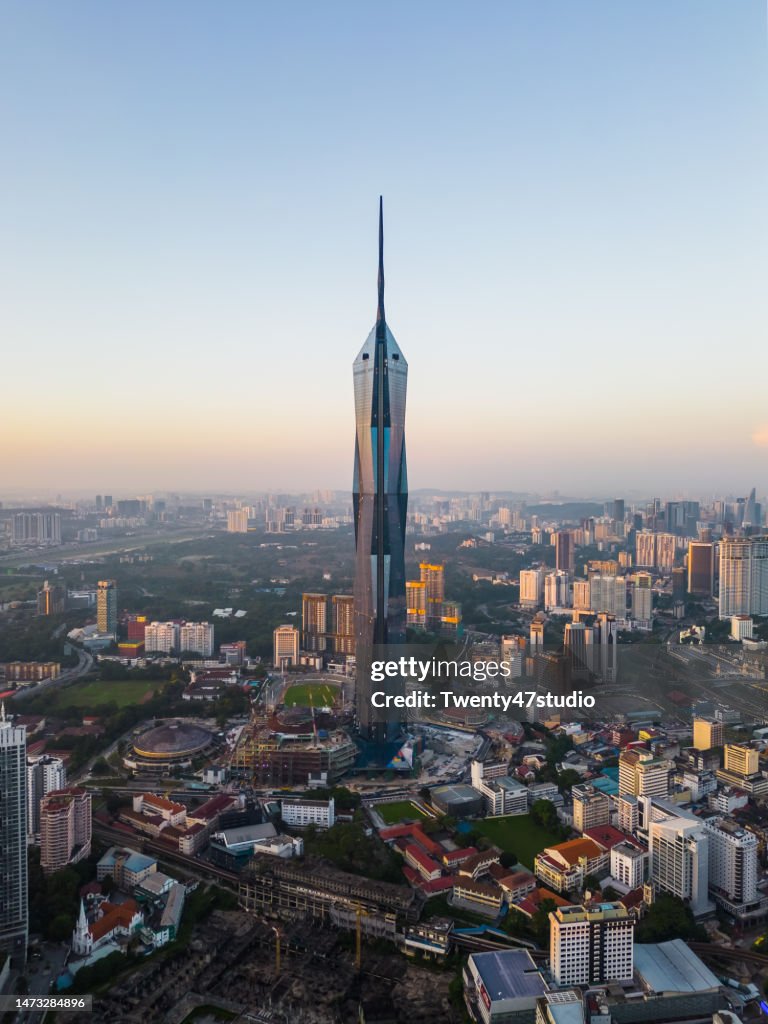 Aerial view of Merdeka 118 skyscraper in Kuala Lumpur city in the morning