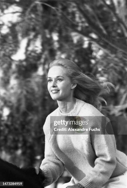 Actress Tippi Hedren riding a horse for a scene of the film Marnie in 1963, at Middleburg, Virginia.