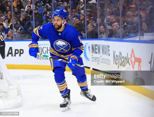 Jordan Greenway of the Buffalo Sabres skates against the Edmonton Oilers during an NHL game on March 6, 2023 at KeyBank Center in Buffalo, New York.