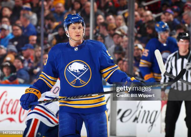 Jeff Skinner of the Buffalo Sabres prepares for a faceoff against the Edmonton Oilers during an NHL game on March 6, 2023 at KeyBank Center in...