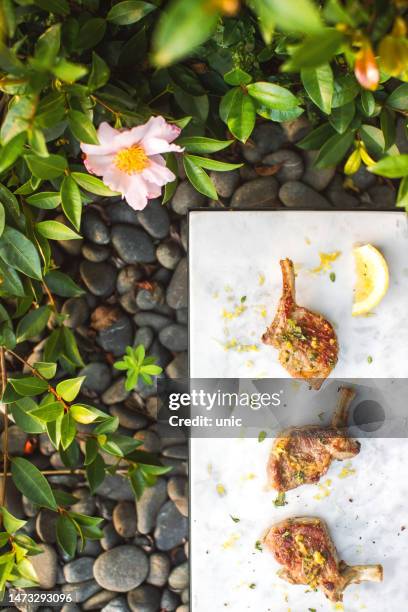 close-up overhead view of three pork chops on a serving plate in the garden - serving dish stock pictures, royalty-free photos & images
