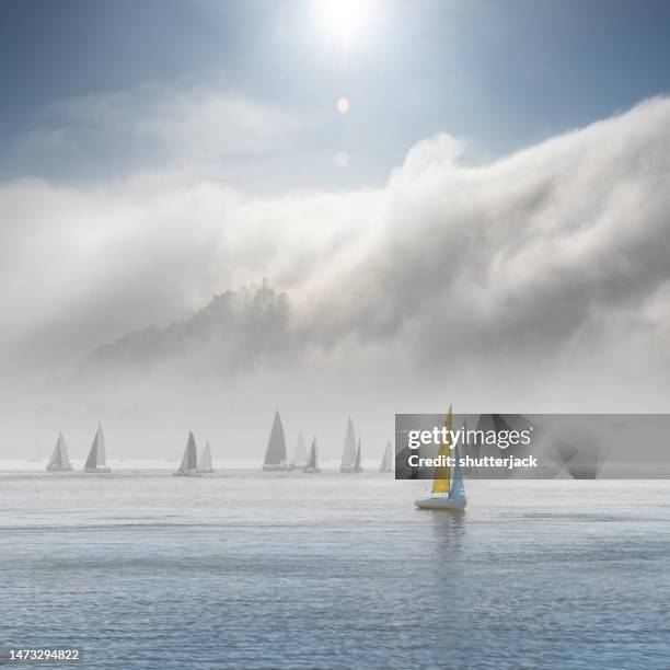 sailing boat with a colourful sail amongst boats with grey sails, san francisco bay, san francisco, california, usa - san francisco bay stock pictures, royalty-free photos & images