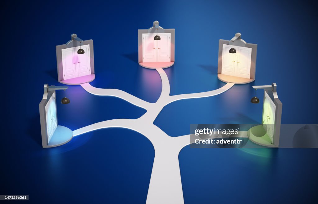 Paths leading to spot lit closed double door entrances. Choice ande decisions concept