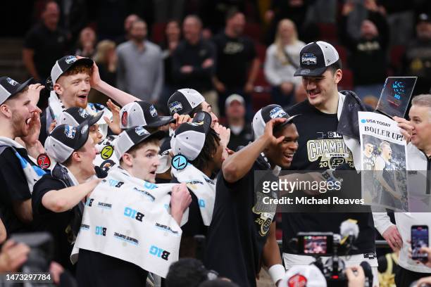 Zach Edey of the Purdue Boilermakers celebrates after defeating the Penn State Nittany Lions in the Big Ten Basketball Tournament Championship game...