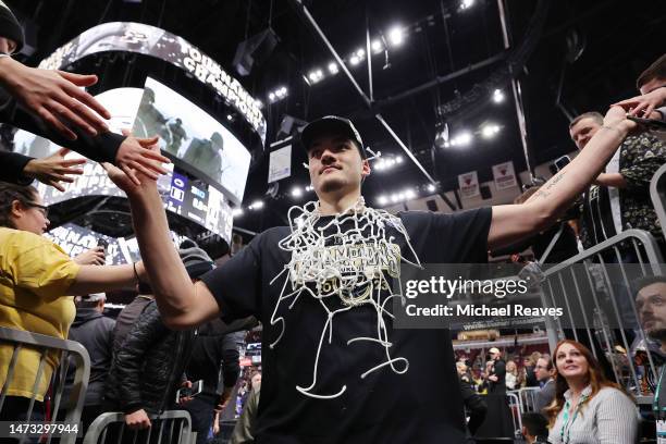 Zach Edey of the Purdue Boilermakers celebrates after defeating the Penn State Nittany Lions in the Big Ten Basketball Tournament Championship game...