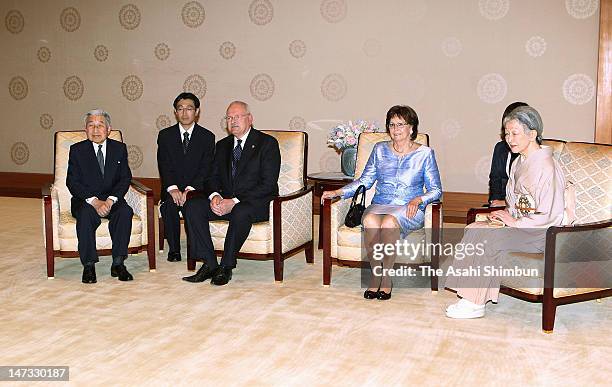 Japanese Emepror Akihito , Slovak President Ivan Gasparovic , his wife Silvia and Empress Michiko pose for photographs during their audience at the...