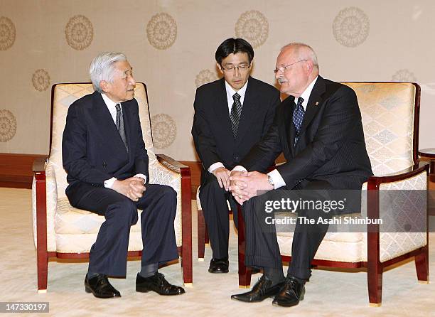 Japanese Emepror Akihito and Slovak President Ivan Gasparovic talk at the Imperial Palace on June 27, 2012 in Tokyo, Japan. Gasparovic is on five...