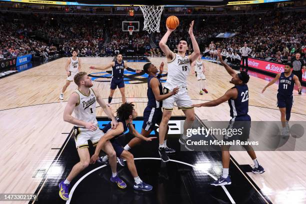 Zach Edey of the Purdue Boilermakers shoots against the Penn State Nittany Lions during the Big Ten Basketball Tournament Championship game at United...