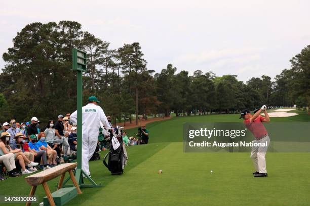 Brian Harman plays a stroke from the No. 1 tee during Round 3 of the Masters at Augusta National Golf Club, Saturday, April 10, 2021.