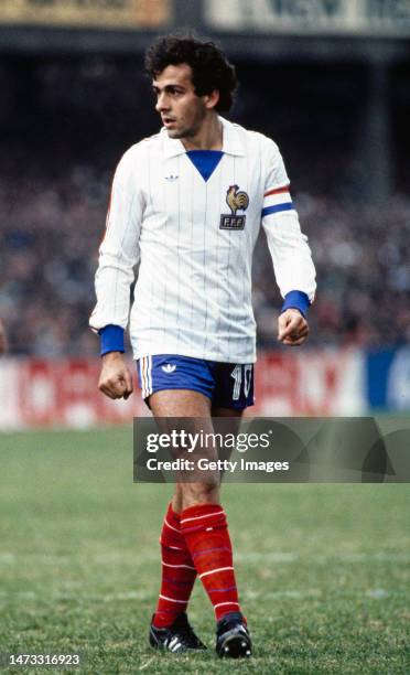 France captain Michel Platini in the adidas white away kit looks on during a World Cup qualifier against Eire at Landsdowne Road on October 14th,...