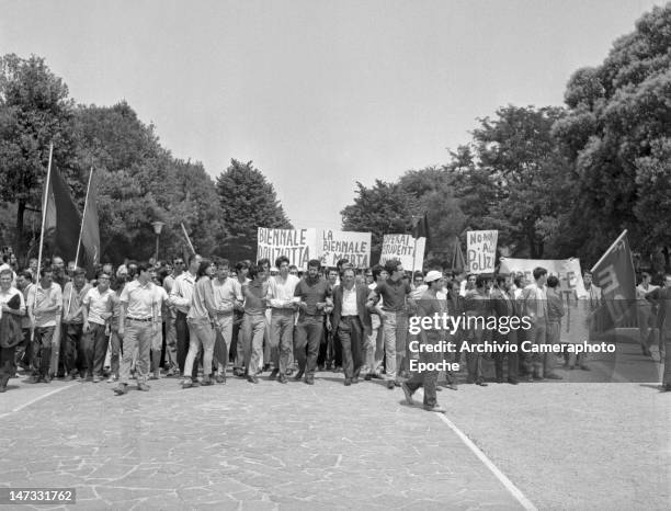 Students and workers sit in demonstration against the Biennale, Giardini, Venice, 1968.