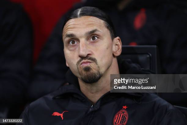 Zlatan Ibrahimovic of AC Milan looks on prior to the Serie A match between AC Milan and Salernitana at Stadio Giuseppe Meazza on March 13, 2023 in...