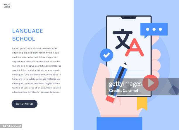 language school flat design illustration. mobile phone screen concept. - language school stock illustrations