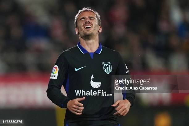 Antoine Griezmann of Atletico Madrid reacts during the LaLiga Santander match between Girona FC and Atletico de Madrid at Montilivi Stadium on March...