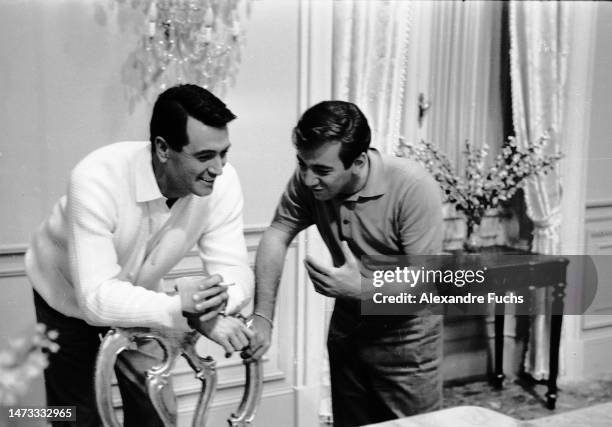 Actors Rock Hudson and Bobby Darin talking while in the set of the movie "Come September" in 1960, at Portofino, Italy.
