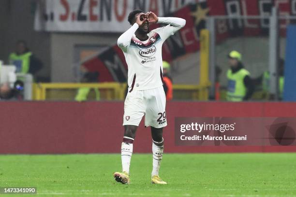 Boulaye Dia of Salernitana celebrates after scoring the team's first goal during the Serie A match between AC Milan and Salernitana at Stadio...
