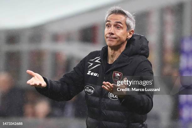 Paulo Sousa, Manager of Salernitana, reacts during the Serie A match between AC Milan and Salernitana at Stadio Giuseppe Meazza on March 13, 2023 in...