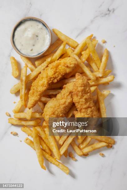 three piece chicken tender meal - french fries top view stock pictures, royalty-free photos & images