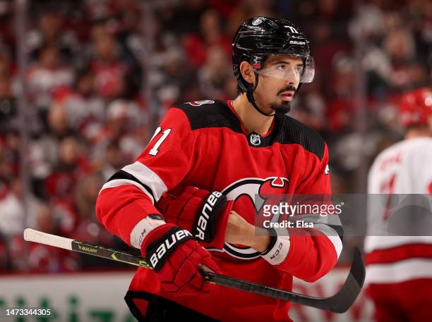 Jonas Siegenthaler of the New Jersey Devils skates during a stop in play in the first period against the Carolina Hurricanes at Prudential Center on...