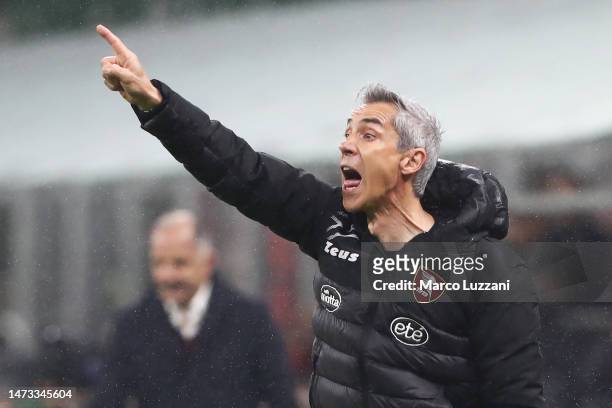 Paulo Sousa, Manager of Salernitana, gives the team instructions during the Serie A match between AC Milan and Salernitana at Stadio Giuseppe Meazza...