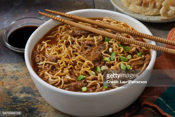 birra ramen with braised beef - braised stock pictures, royalty-free photos & images