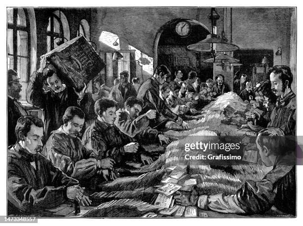 postal workers stamping letters and postcards in paris 1880 - postal worker stock illustrations