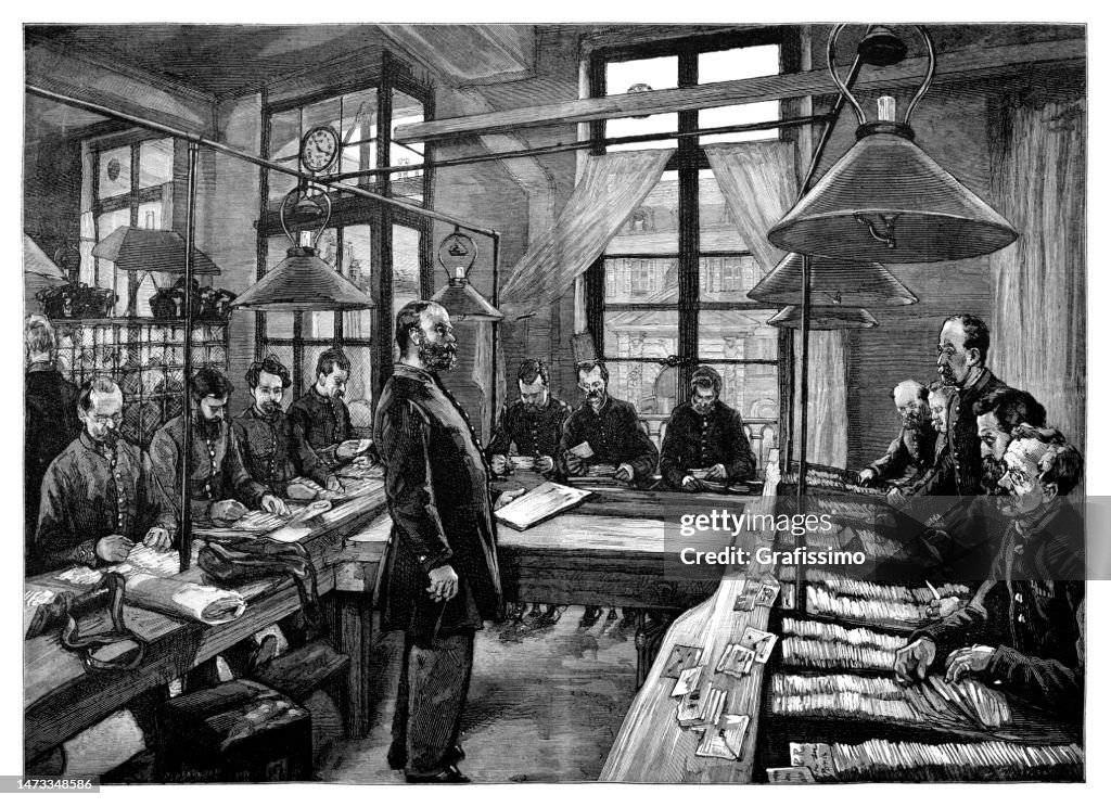 Post Office Paris postal workers classifying incoming mail 1880