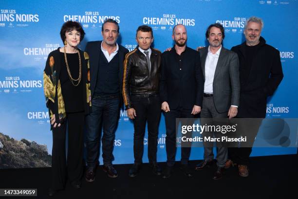 Anny Duperey, Jean Dujardin, Sylvain Tesson, Wouter Dewit, Denis Imbert and a guest attend the "Sur Les Chemins Noirs" premiere at Cinema UGC...