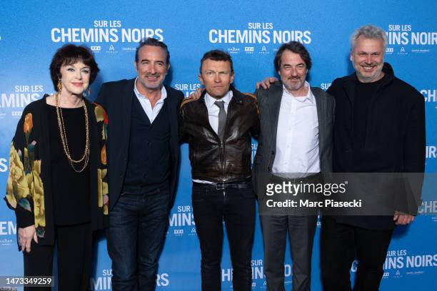 Anny Duperey, Jean Dujardin, Sylvain Tesson, Denis Imbert and a guest attend the "Sur Les Chemins Noirs" premiere at Cinema UGC Normandie on March...