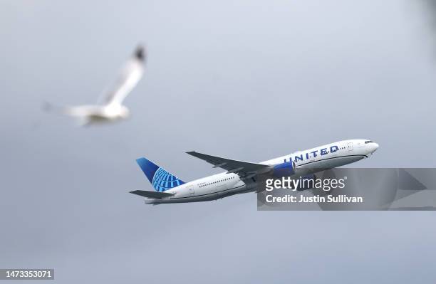 United Airlines plane takes off from San Francisco International Airport on March 13, 2023 in San Francisco, California. United Airlines stock fell...