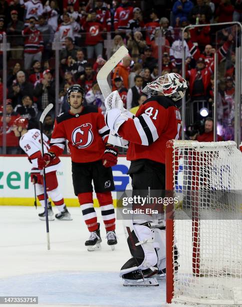 Vitek Vanecek of the New Jersey Devils celebrates the win over the Carolina Hurricanes at Prudential Center on March 12, 2023 in Newark, New Jersey....