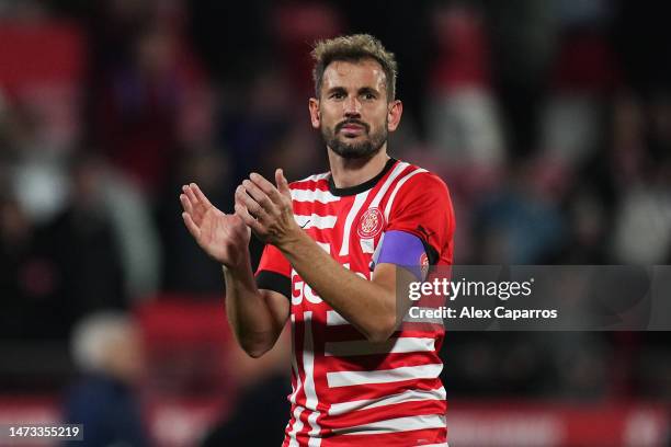 Cristhian Stuani of Girona FC applauds fans following the LaLiga Santander match between Girona FC and Atletico de Madrid at Montilivi Stadium on...