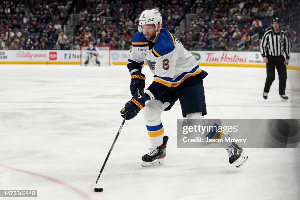 Marco Scandella of the St. Louis Blues skates with the puck during the first period against the Columbus Blue Jackets at Nationwide Arena on March...