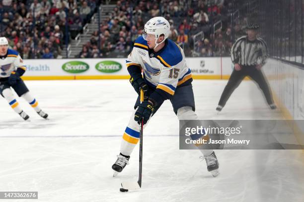 Jakub Vrana of the St. Louis Blues skates with the puck during the first period against the Columbus Blue Jackets at Nationwide Arena on March 11,...