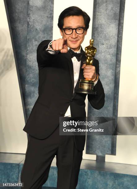 Ke Huy Quan arrives at the Vanity Fair Oscar Party Hosted By Radhika Jones at Wallis Annenberg Center for the Performing Arts on March 12, 2023 in...