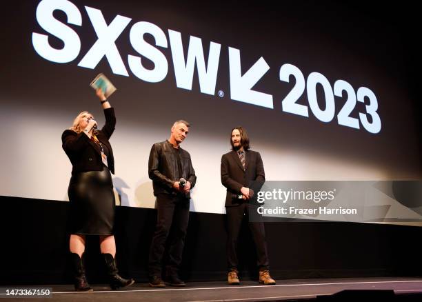 Claudette Godfrey, Vp Film and TV for SXSW, Chad Stahelski and Keanu Reeves introduce a Special Screening of "John Wick: Chapter 4" at the 2023 SXSW...